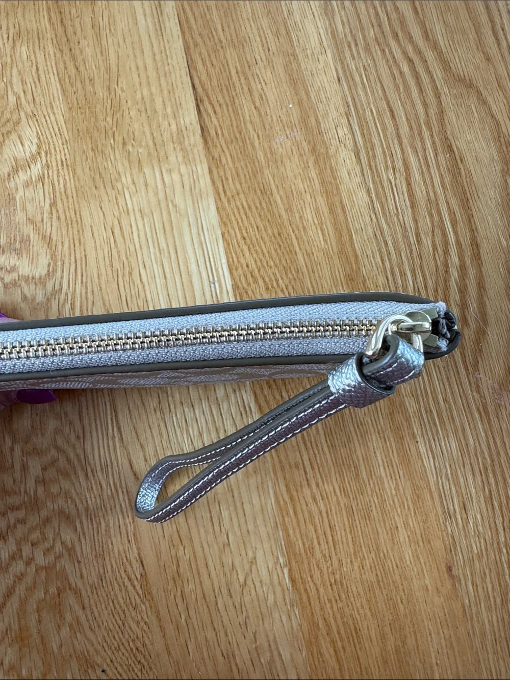 Coach Metallic Signature Corner Zip Wristlet in Pearlized Canvas Gold Accents